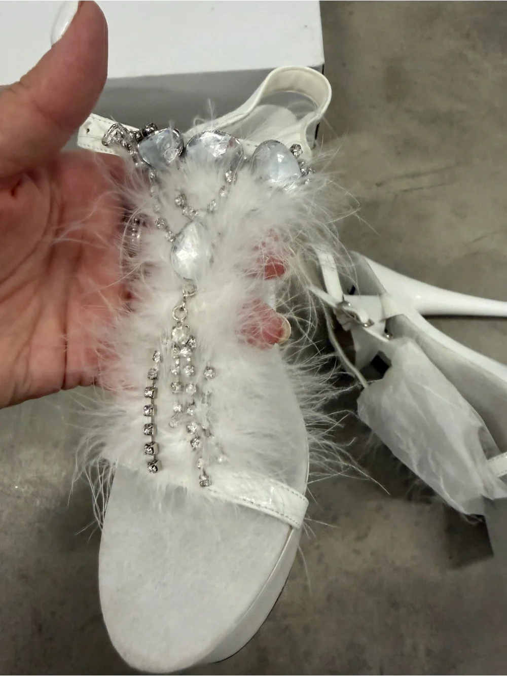 White Feathered Platform High-Heel Sandals